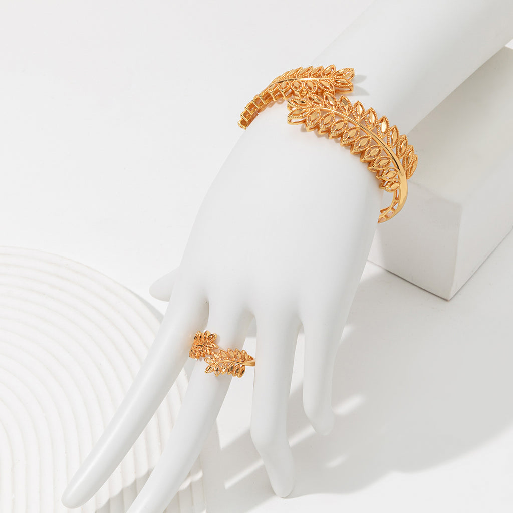 Laurel Leaf Bracelet & Ring Set Vintage Gold Wheat Leaf