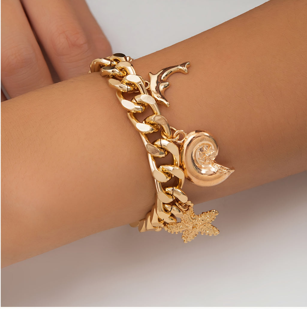Ocean Charm Bracelet – Gold Starfish & Dolphin Beach Bracelet