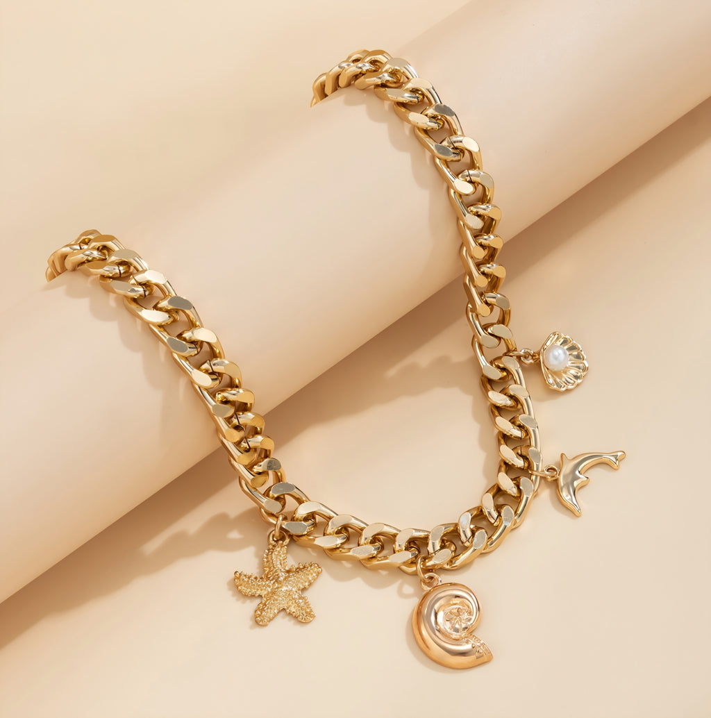Ocean Charm Bracelet – Gold Starfish & Dolphin Beach Bracelet