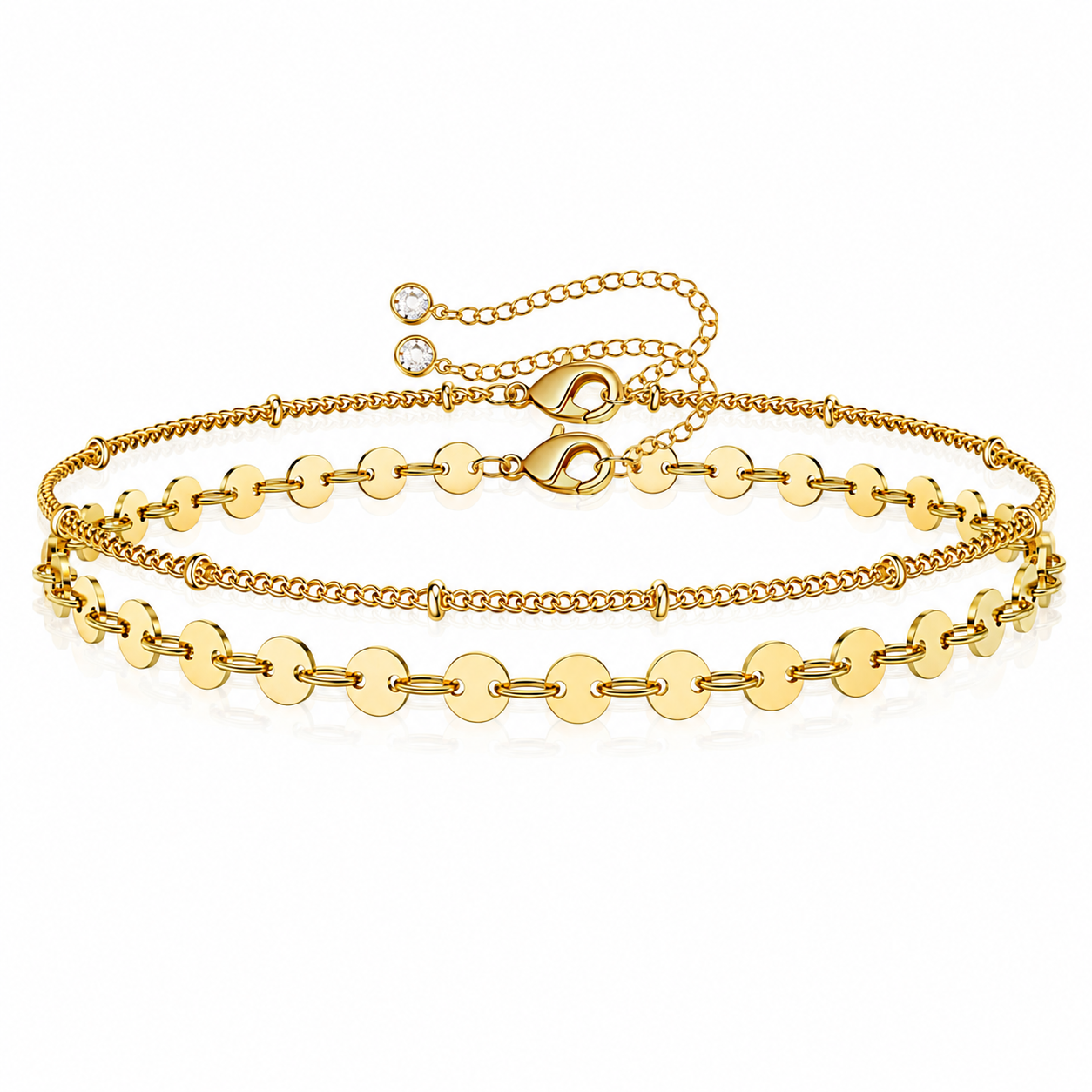 Dainty Layered Disc Bracelet – 14K Gold Filled Adjustable Chain Bracelet