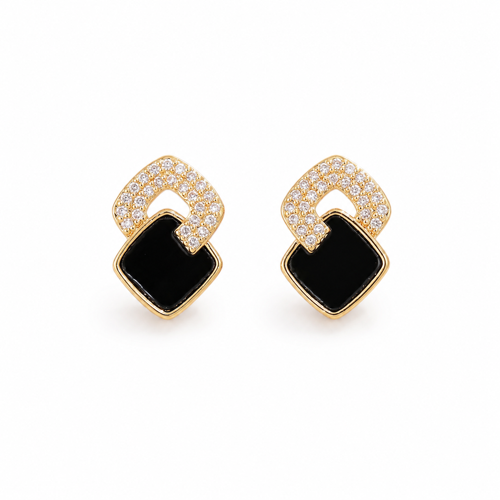 Black Crystal Square Earrings – Elegant Geometric Luxury Stud Earrings