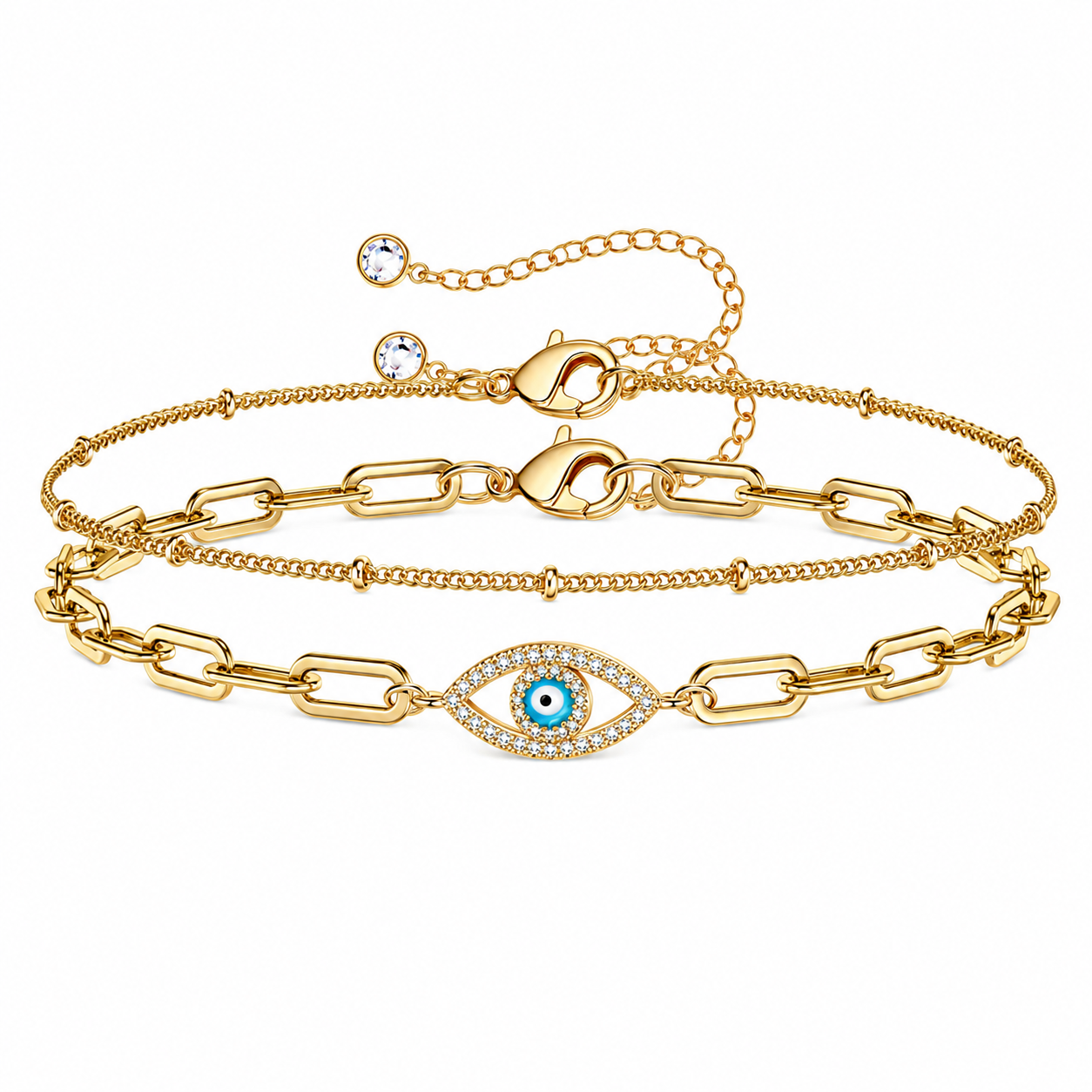 Evil Eye Layered Bracelet – 14K Gold Filled Adjustable Chain Bracelet Set