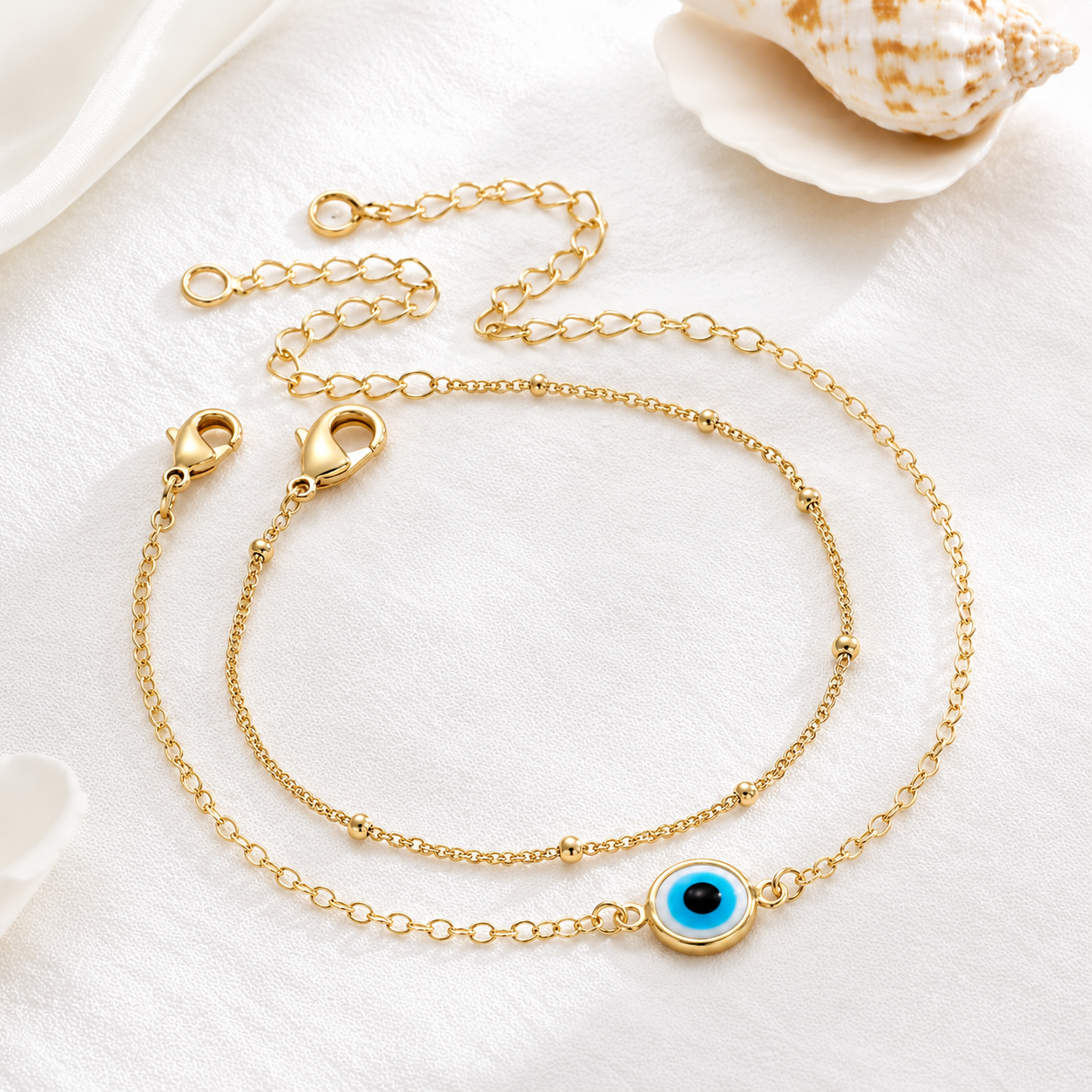 Dainty Evil Eye Layered Bracelet – 14K Gold Filled Adjustable Chain Bracelet