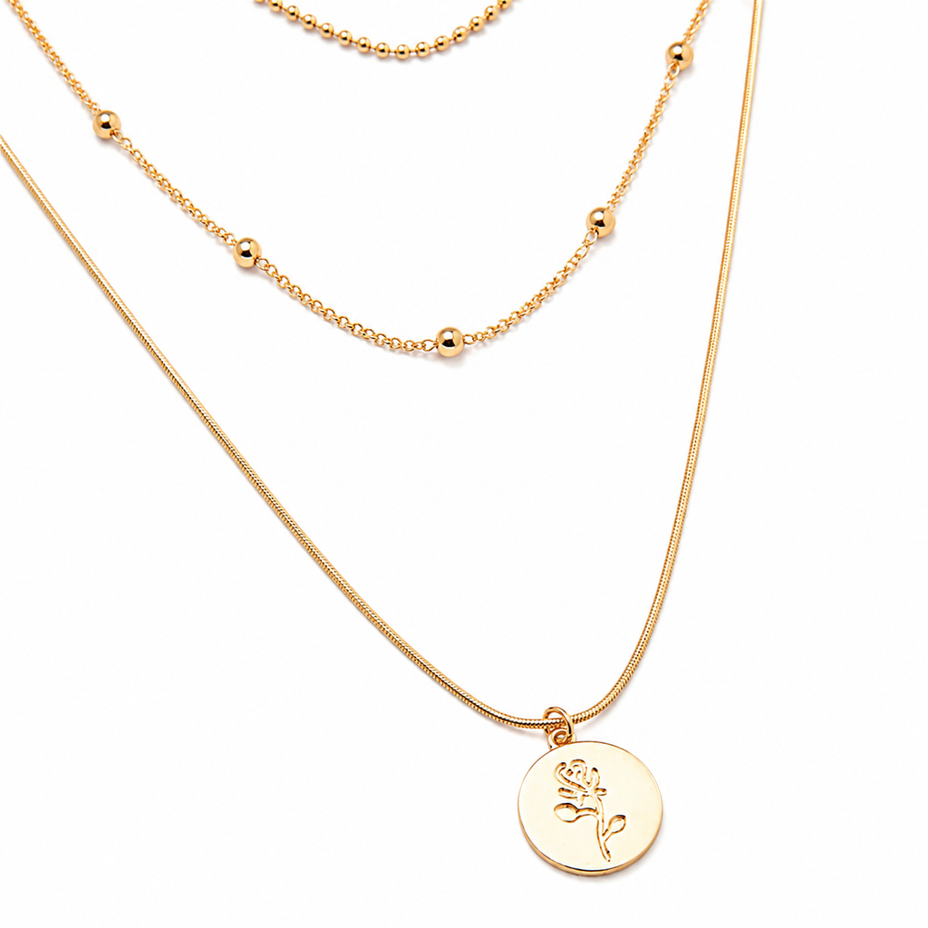 Celestial Rose Layered Necklace – 18K Gold Plated Multi-Layer Pendant Necklace