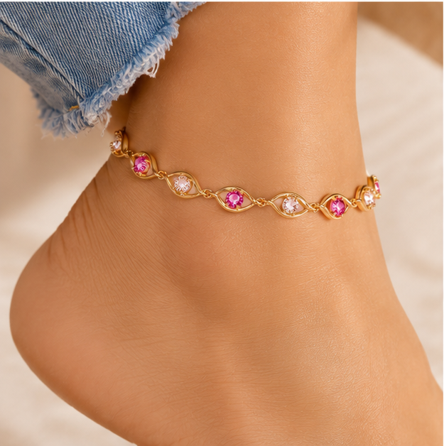 Pink Blossom Vine Bracelet – Gold Plated Floral Crystal Bracelet