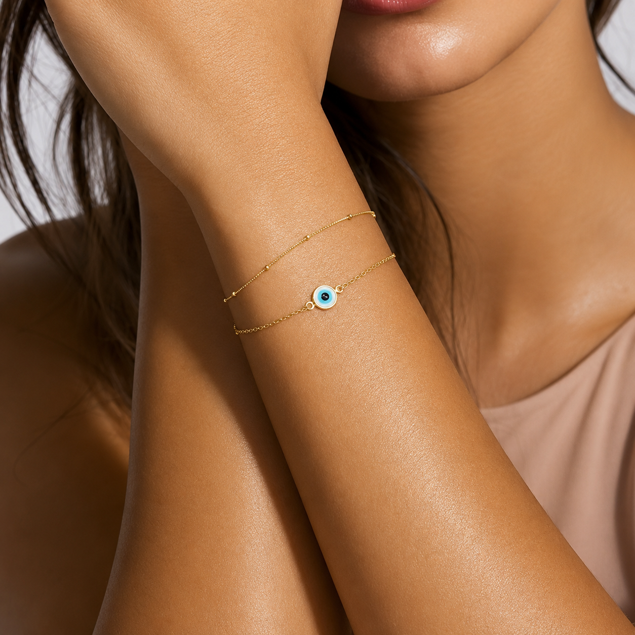 Dainty Evil Eye Layered Bracelet – 14K Gold Filled Adjustable Chain Bracelet