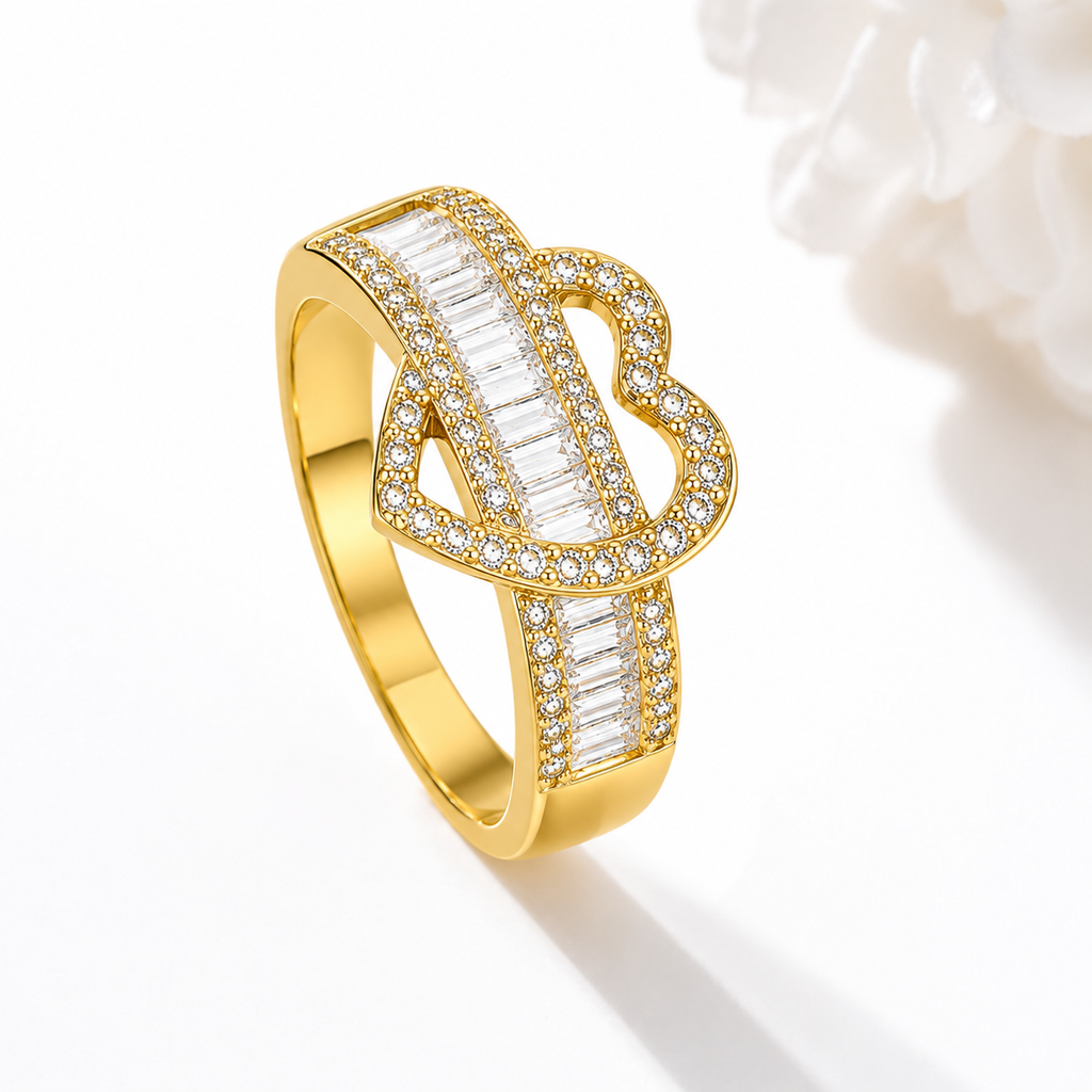 Open Heart Crystal Ring – Adjustable Gold-Plated Ring