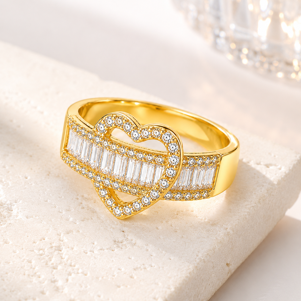 Open Heart Crystal Ring – Adjustable Gold-Plated Ring