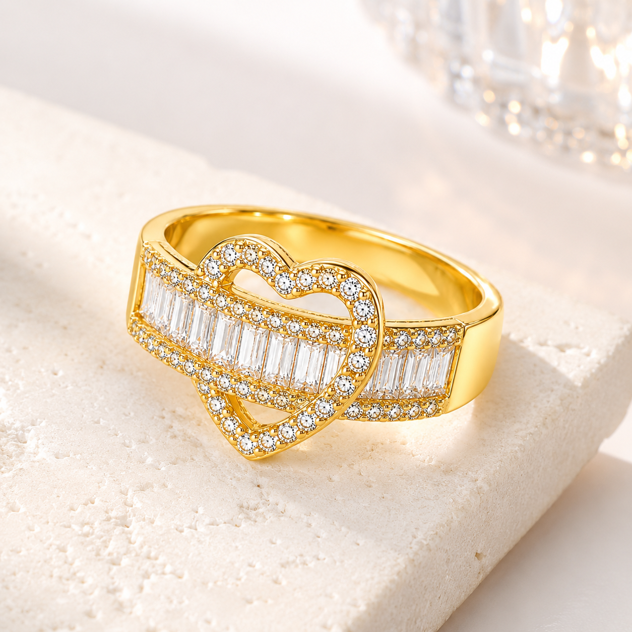 Open Heart Crystal Ring – Adjustable Gold-Plated Ring