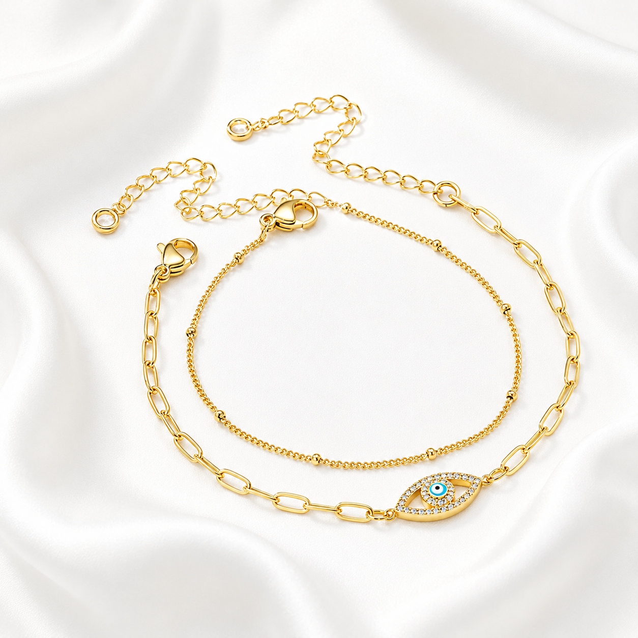 Evil Eye Layered Bracelet – 14K Gold Filled Adjustable Chain Bracelet Set