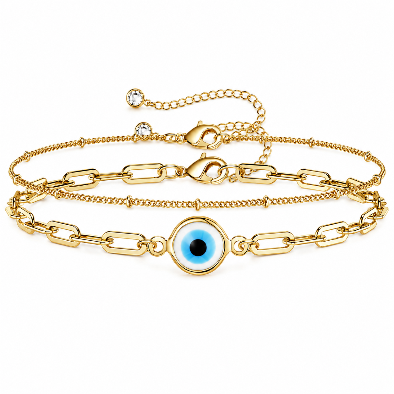 Dainty Evil Eye Layered Bracelet – 14K Gold Filled Adjustable Chain Bracelet