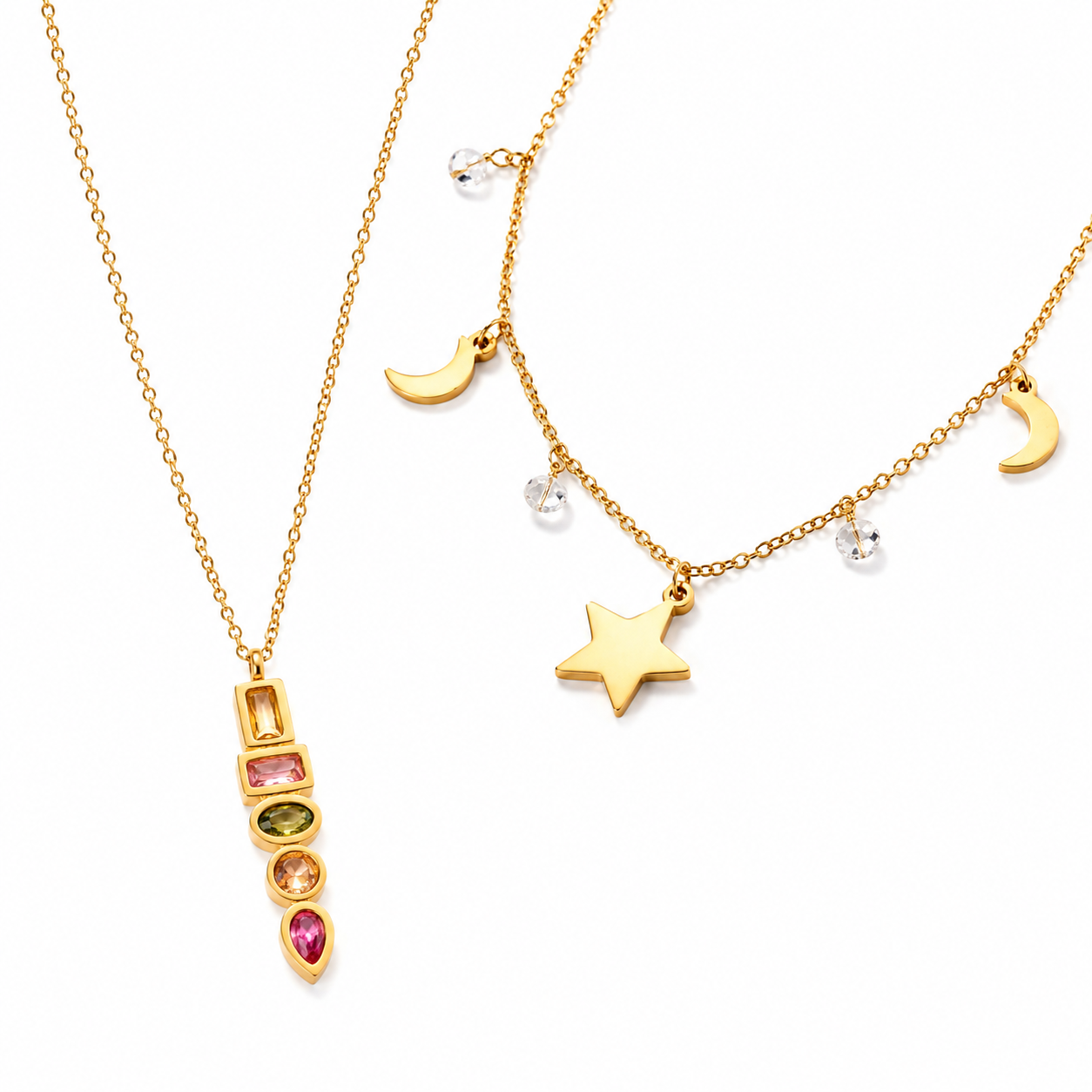 Celestial Star Layered Necklace – 18K Gold Plated Moon & Star Pendant