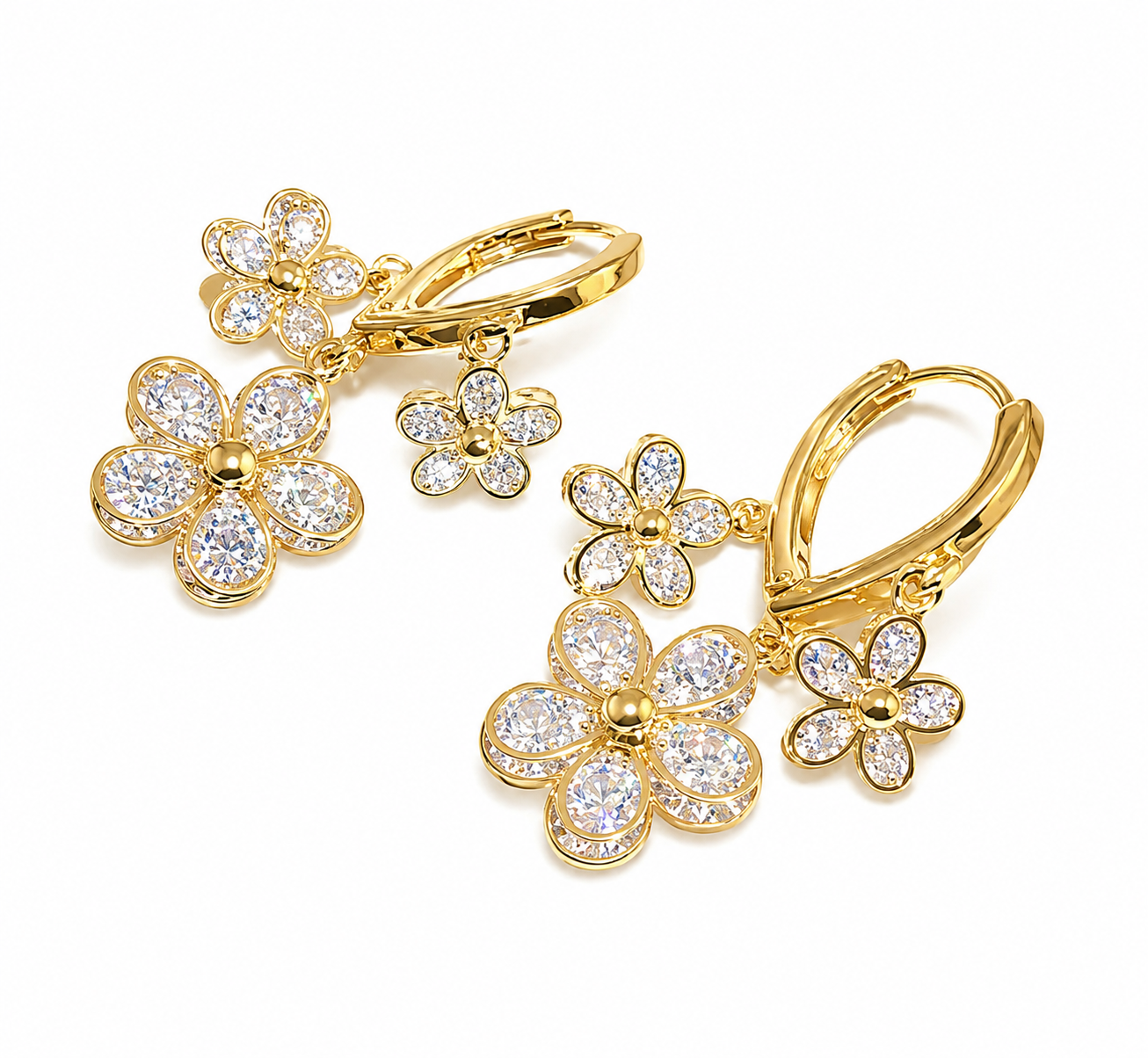 Crystal Flower Drop Earrings – Luxury Gold-Plated Floral Earrings