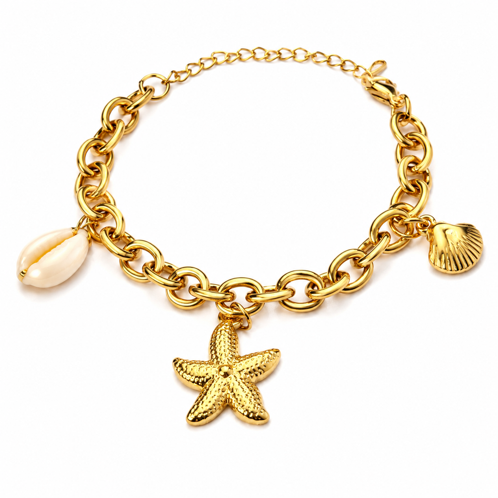 Starfish Pearl Charm Bracelet – Elegant Ocean-Inspired Gold Bracelet