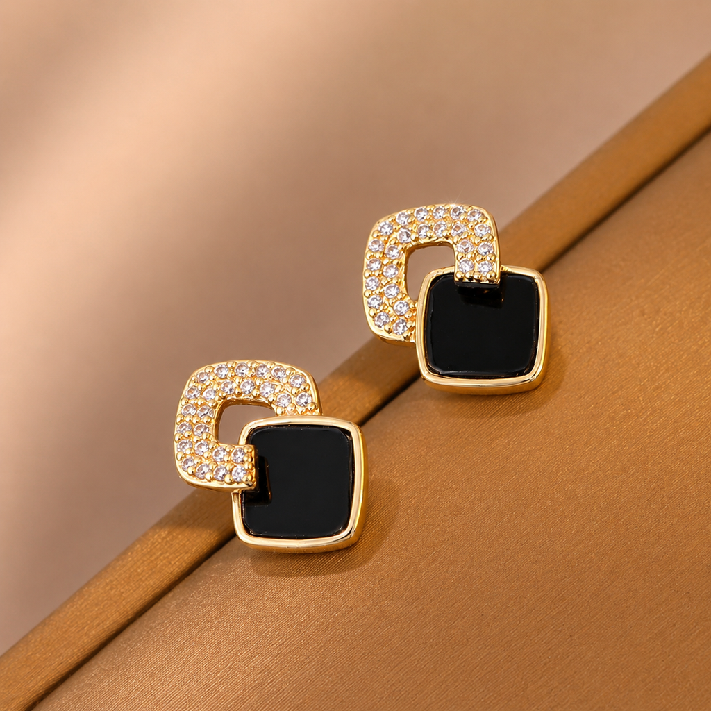 Black Crystal Square Earrings – Elegant Geometric Luxury Stud Earrings