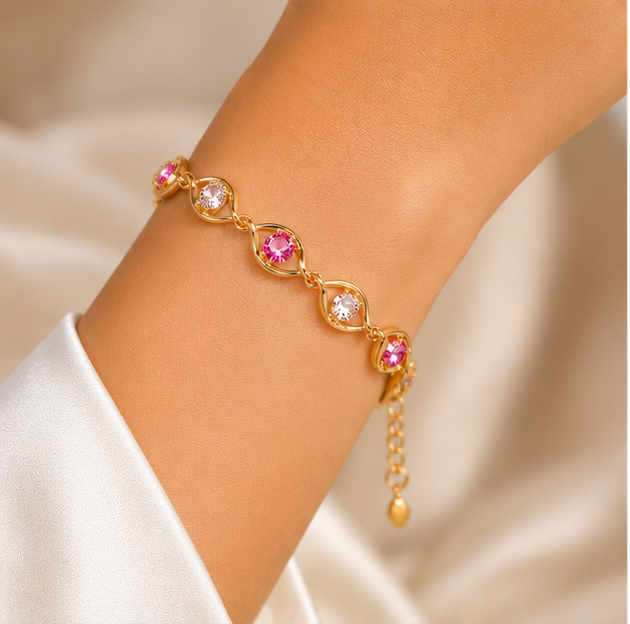 Pink Blossom Vine Bracelet – Gold Plated Floral Crystal Bracelet
