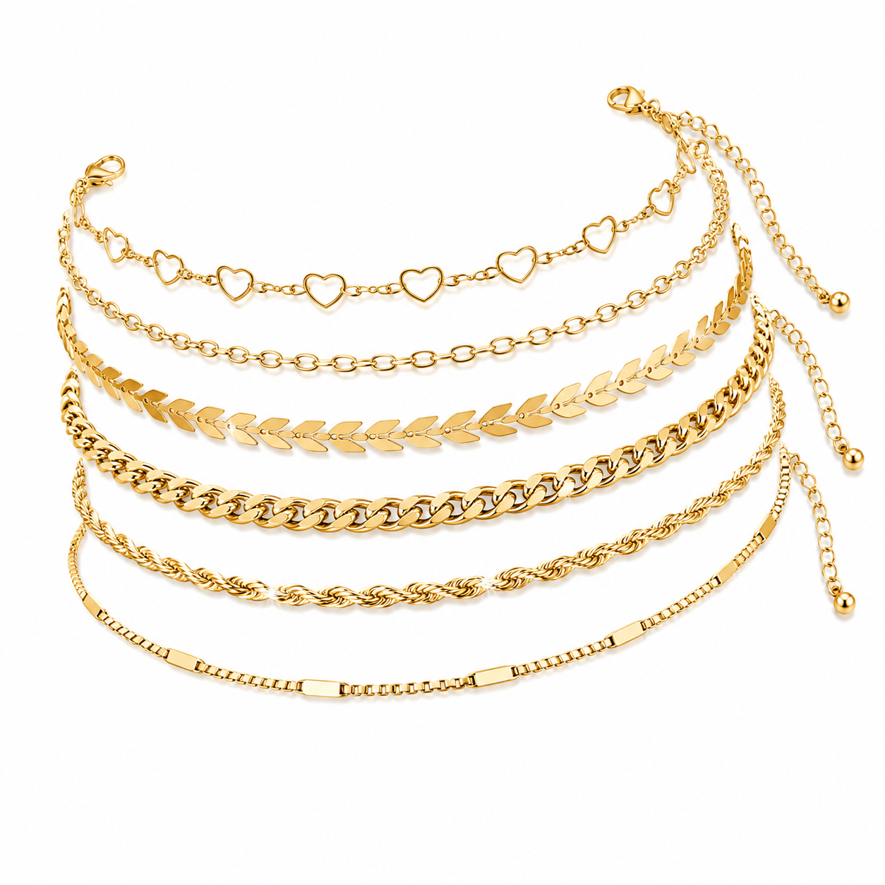 Summer Gold Chain Collection 5 - Layer Bohemian Beach Anklet Set