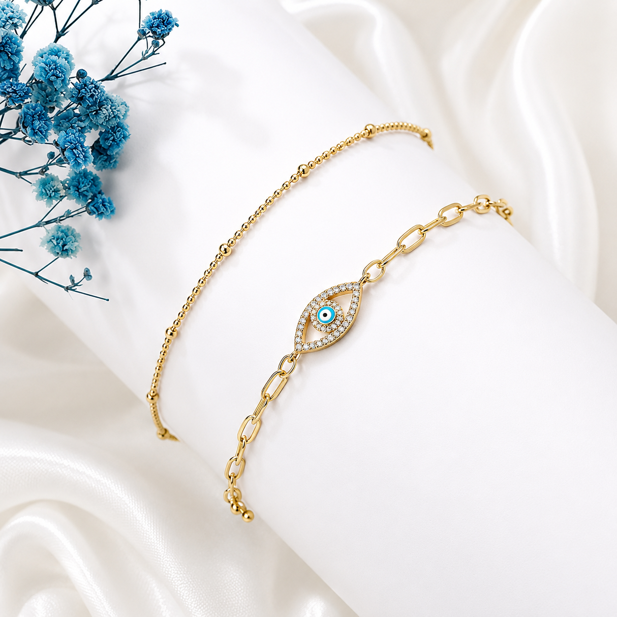 Evil Eye Layered Bracelet – 14K Gold Filled Adjustable Chain Bracelet Set
